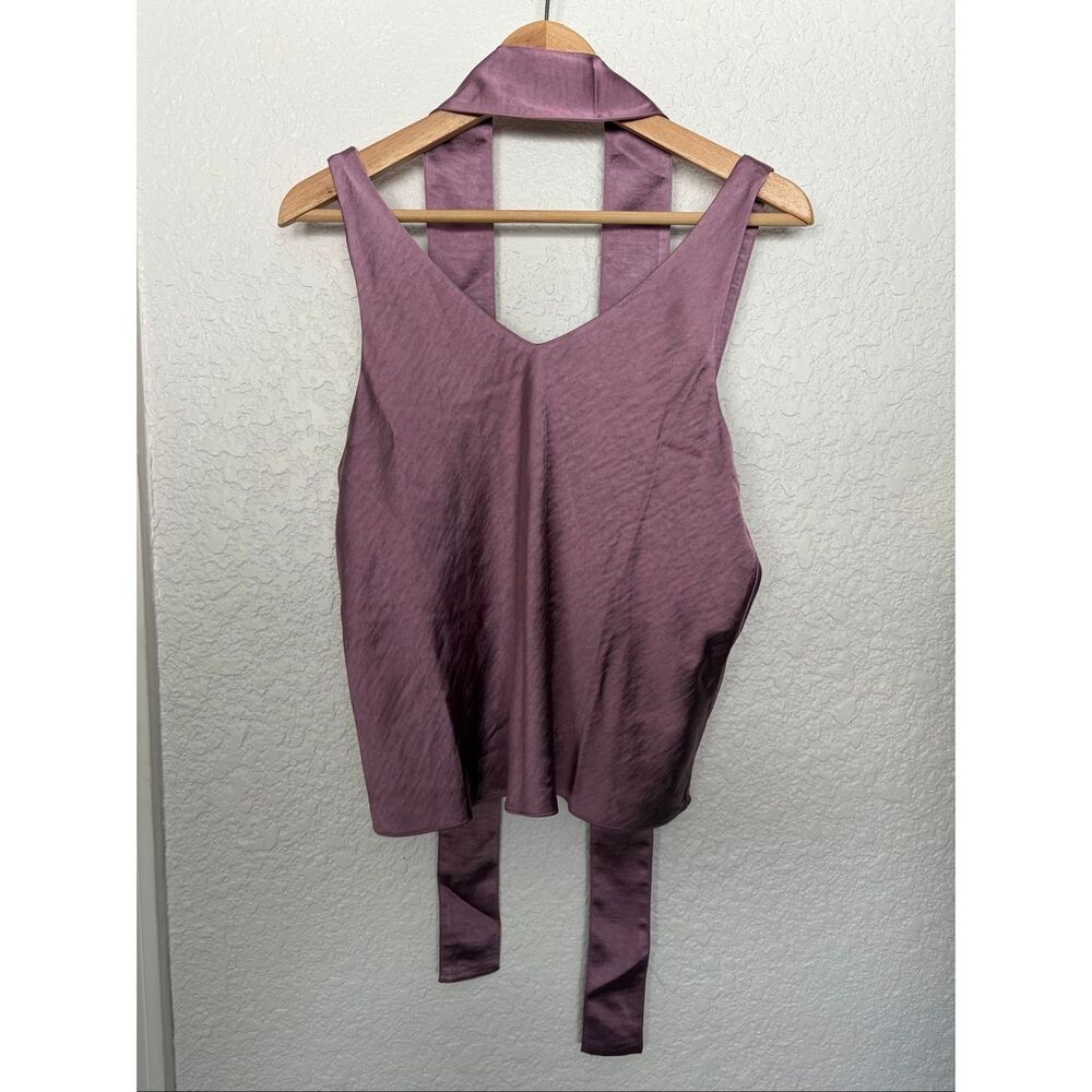 Wildfang “Empower” Satin Cami Halter Scarf Neck Tie Back Mauve M NWT - Picture 4 of 12